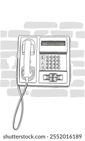 Black and white sketch of a retro public telephone technology with dial number with Brick background