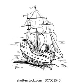 Black and white sketch of retro sailing ship, vector illustration.