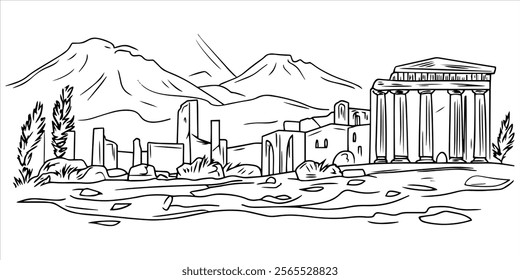 black and white sketch of ruins and mountains in a historical landscape