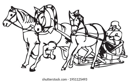 black and white sketch of Russian troika in winter with sleigh