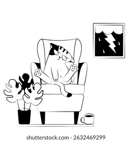 Black and white sketch of a sad funny cat in a chair 
