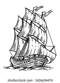 Black And White Sketch Of Sailing Old Ship
