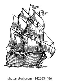 Black and white sketch of sailing old ship