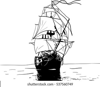 Black and white sketch of sailing old ship. Illustration. Hand drawn style. 