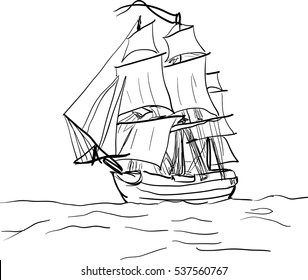 Black and white sketch of sailing old ship. Illustration. Hand drawn style. 