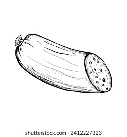 Black and white sketch of a sausage with a slice. Sketch illustration by hand, image of food. Meat product, sausage servelat.