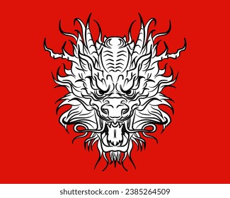 Black and white sketch of scary Chinese dragon head on red background. Mythological Asian monster in ink style. aggressive dragon tattoo