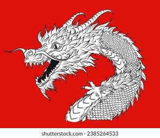 Black and white sketch of scary Chinese dragon on red background. Mythological Asian monster in ink style. aggressive dragon tattoo
