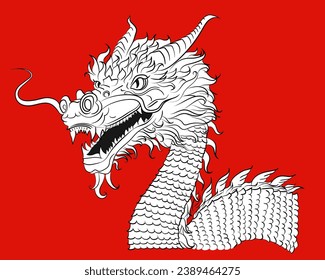Black and white sketch of scary Chinese dragon on red background. Mythological Asian monster in ink style. aggressive dragon tattoo