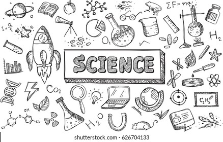 Black and white sketch science chemistry physics biology and astronomy education subject doodle icon. Doodle for presentation or school education promotion in fundamental science concept (vector)