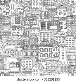 Black and white sketch seamless panorama of the city. Doodle. Sketch of city architecture. Vector illustration drawn by hand.