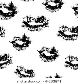 Black and white sketch seamless pattern with lips. Monochrome dry brush ink texture. Wallpaper for invitations, greeting card and websites background.