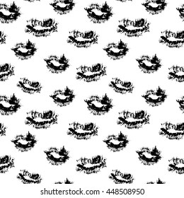 Black and white sketch seamless pattern with lips. Monochrome dry brush ink texture. Wallpaper for invitations, greeting card and websites background.