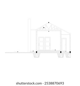 black and white sketch of a section of a house with a light steel roof frame