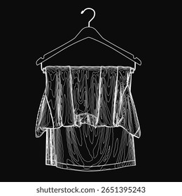 A black and white sketch of a shirt hanging on a hanger against a dark background. The minimalist line art features clean strokes and high contrast. The simple yet stylish design emphasizes.