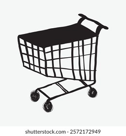 Black and white sketch of a shopping cart. Simple, minimalist design. Shopping cart illustration with wheels and handle. Ideal for retail themes. Simple black line art doodle vector.