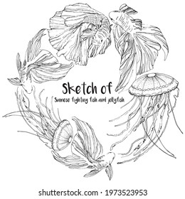 Black and white sketch of Siamese fighting fish and jellyfish swimming in a circle. vector