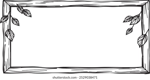 A black and white sketch of a simple frame with leaves.