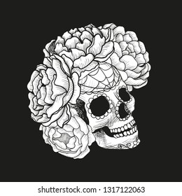 Black and white sketch skull in peony flowers.