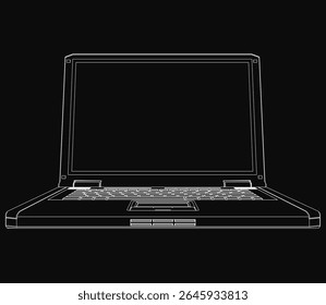 Black and white sketch of a sleek laptop on a dark background, featuring clean lines and minimalist design. The notebook appears modern and stylish, ideal for tech or business themes.