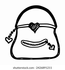 Black and white sketch of a small handbag. The design of the clutch.