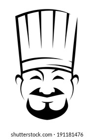 Black and white sketch of a smiling chinese chef logo with a goatee beard wearing a traditional white toque