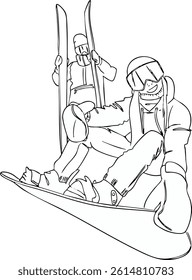Black and White Sketch of a Snowboarding Girl and skier. Vector illustration.