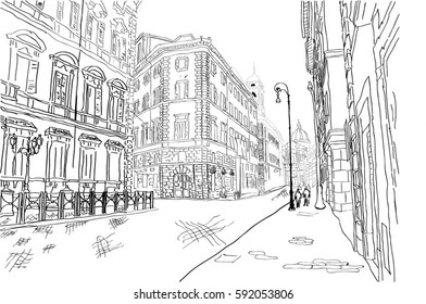 black and white sketch of the street in Rome