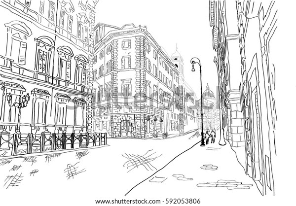 Black White Sketch Street Rome Stock Vector (Royalty Free) 592053806 ...