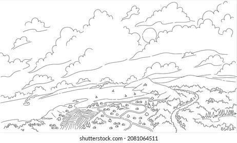 Black and white sketch style drawing of a landscape with clouds, sea, beach, river, mountains, trees, houses and boats.