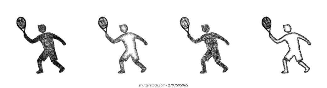 Black and white sketch style minimal tennis forehand icon design set