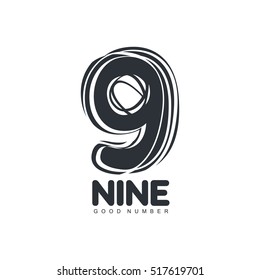 Black and white sketch style number nine logo template, vector illustration isolated on white background. Black and white free hand, hand made looking number nine graphic logotype
