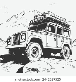 black and white sketch style off road car illustration