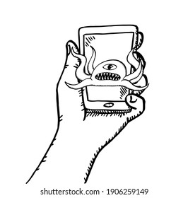 Black and white, sketch style vector illustration of a hand holding a cell phone that has been attacked by a computer virus. The one-eyed monster is a symbol of a computer virus.