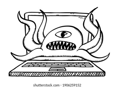 Black and white sketch style vector illustration of computer virus attacking laptop. One eyed monster is a symbol of computer virus.