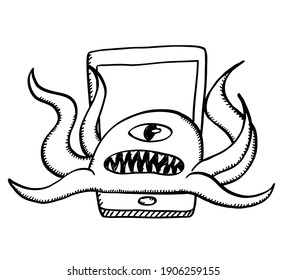 Black and white, sketch style vector illustration of computer virus attacking mobile phone. One eyed monster is a symbol of computer virus.