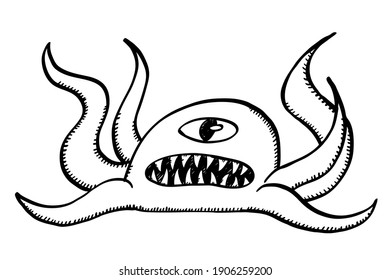 Black and white sketch style vector illustration of computer virus. One eyed monster is a symbol of computer virus.
