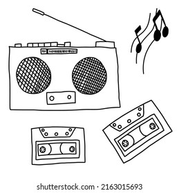 black and white sketch tape recorder radio receiver with cassettes and notes in the style of doodle.