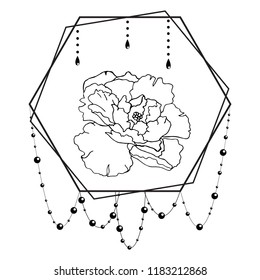 Black and white sketch of tattoo. Sketch of a tattoo with a pion. Polyhedron with beads. Vector illustration. Coloring