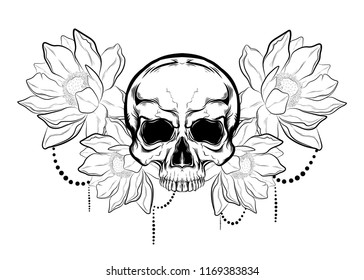 Black and white sketch, tattoo sketch, skull and flowers on a white background