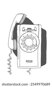 Black and white sketch of a technological object in the form of an old vintage retro pay phone with shadow