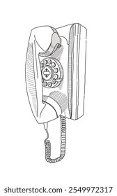 Esboço preto e branco de um telefone pago retro de objeto tecnológico