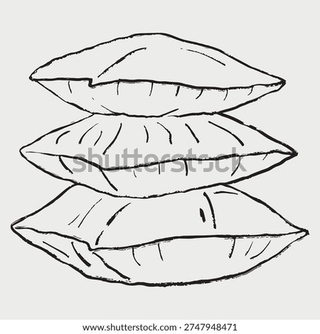 Black and white sketch of three stacked pillows. Soft plush look, simple cozy home decor art. Hand drawn vector sketch illustration in vintage crayon charcoal style