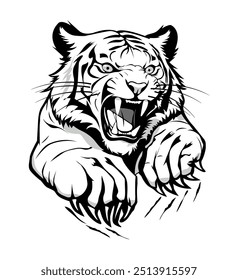 Black and white sketch of a tiger with a growling mouth and strong clawed paws.