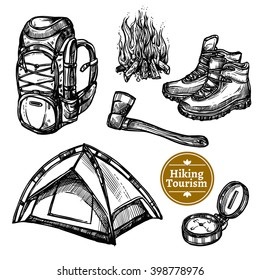 Black and white sketch tourism camping hiking set with backpack campfire shoes ax tent isolated vector illustration