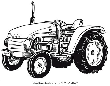Black and white sketch of tractor.