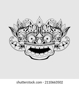 Black white sketch Traditional Balinese Barong mask illustration vector template isolated on white background
