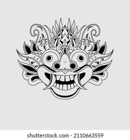 Black white sketch Traditional Balinese Barong mask illustration vector template isolated on white background