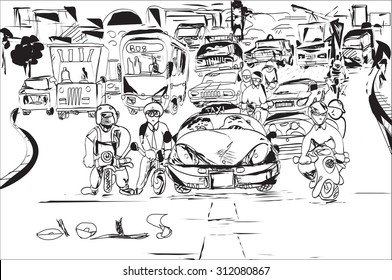  Black and white sketch of the traffic jam, city silhouette in the background 