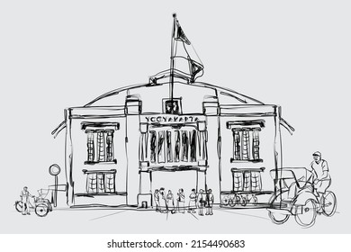 Esbozo blanco y negro de la estación de tren. ilustración vectorial